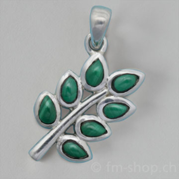 Pendentif branche d'acacia, argent avec malachite